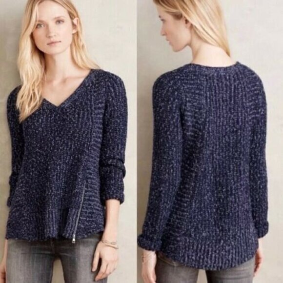 Moth Anthropologie Sweater Small Knit V Neck Pullover Blue Side Zipper Detail - Picture 12 of 12